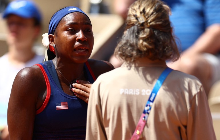 Paris 2024 Olympics - Tennis - Women's Singles Third Round - Roland-Garros Stadium, Paris, France - July 30, 2024. Coco Gauff of United States reacts during her match against Donna Vekic of Croatia. REUTERS/Edgar Su