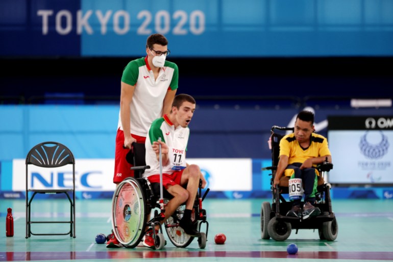 Tokyo 2020 Paralympic Games - Boccia - Individual - BC1 Bronze Medal Match - Ariake Gymnastics Centre, Tokyo, Japan - September 1, 2021. Andre Ramos of Portugal competes against Jose Carlos Chagas De Oliveira of Brazil. REUTERS/Bernadett Szabo