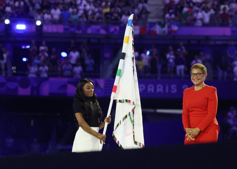 Mayor of Los Angeles Karen Bass and Simone Biles of United States during the closing ceremony. 