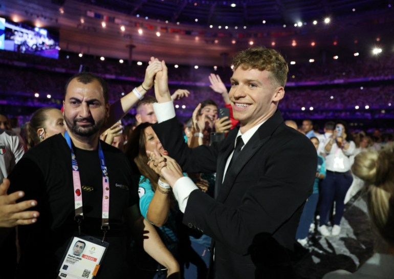 Paris 2024 Olympics - Ceremonies - Paris 2024 Closing Ceremony - Stade de France, Saint-Denis, France - August 11, 2024. Leon Marchand of France during the closing ceremony. REUTERS/Phil Noble