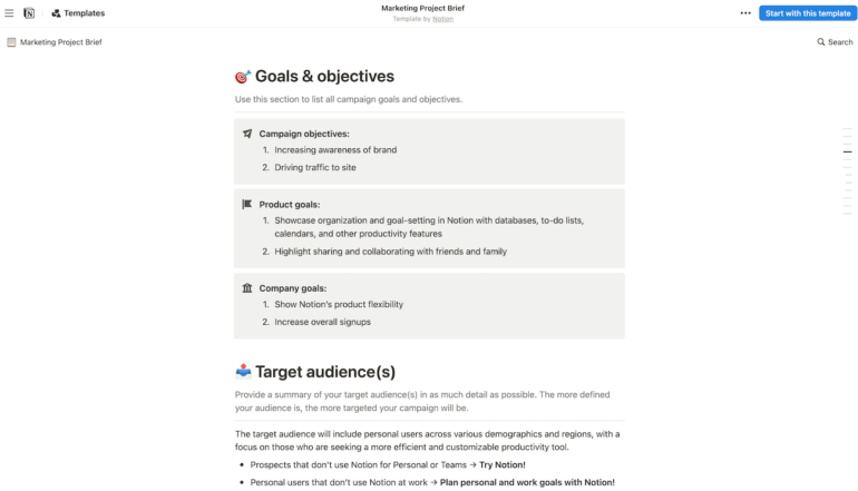 A sample marketing campaign brief from Notion, showing a section for goals and objectives with a target emoji. 