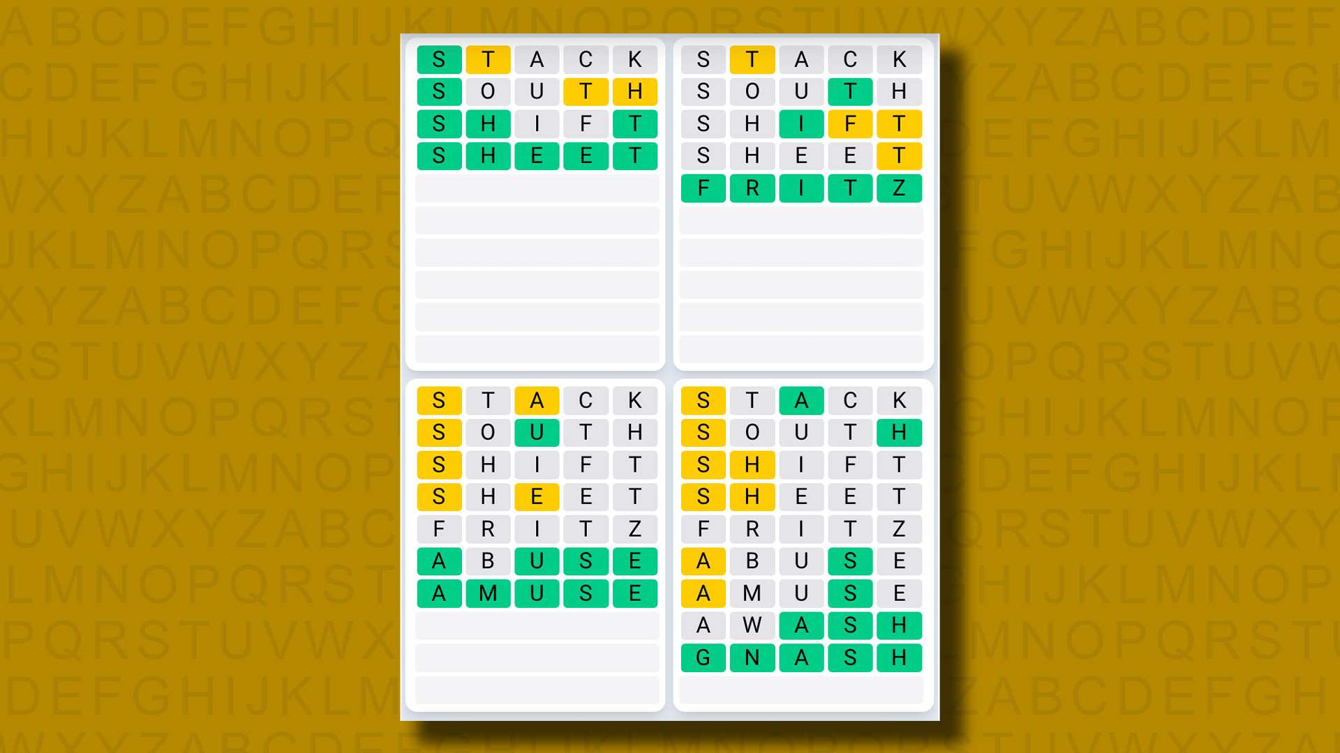 Quordle Daily Sequence answers for game 1052 on a yellow background