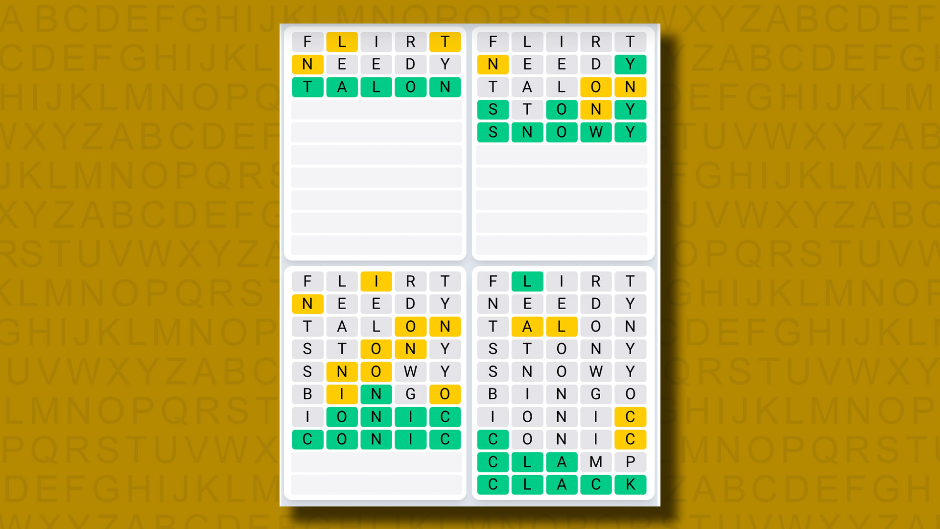 Quordle Daily Sequence answers for game 1055 on a yellow background